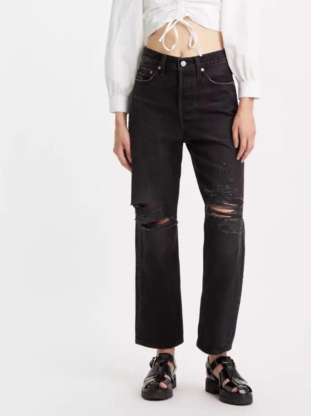 Levi’s Ribcage Straight Ankle Jeans Size 27 Black Distressed Denim